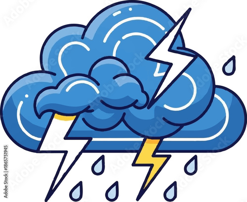 A stylized illustration of a dark blue storm cloud with white lightning bolts and falling raindrops