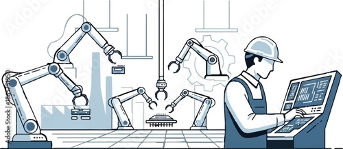 Factory worker supervises robotic arms assembling components on a futuristic assembly line