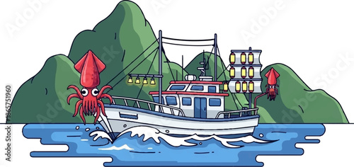 Stylized fishing boat with glowing lanterns navigates choppy blue waters, flanked by two cartoon squid under green, wavy hills