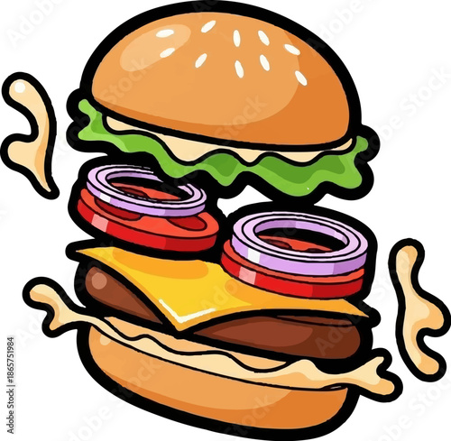 A cartoon-style, deconstructed hamburger with a patty, cheese, tomato, onion, lettuce, and bun