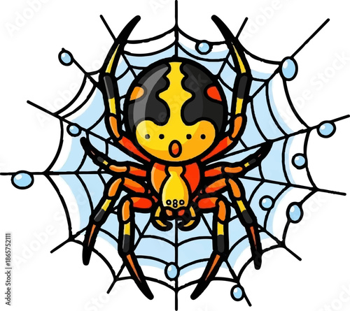 A cartoon spider with a surprised expression sits on a web adorned with dew drops