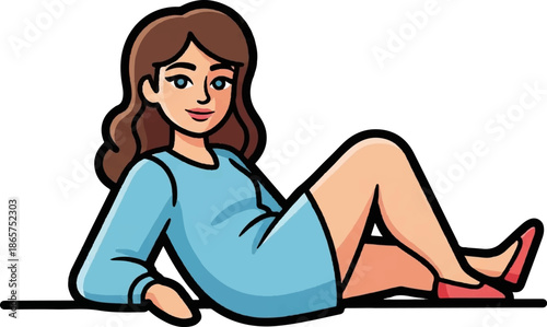 A stylized illustration of a woman with brown hair, wearing a light blue dress and pink shoes, reclining