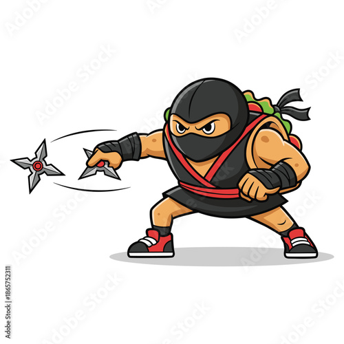 Ninja taco mascot illustration, stealth food character throwing shuriken, aggressive cartoon martial arts hero, fast food branding design