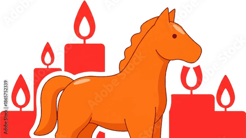 Cheerful orange horse stands amidst glowing red candles, isolated on white background