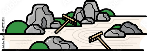 Stylized zen garden with rocks, green mounds, and rakes creating sand patterns