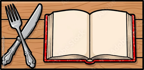 An open book and cutlery are placed on a wooden surface