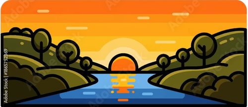 Stylized river at sunset with hills and trees on its banks
