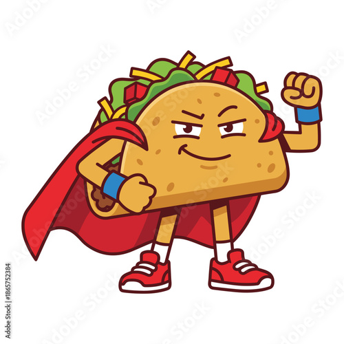 Confident superhero taco mascot illustration, powerful food character wearing red cape, strength hero concept, cartoon fast food branding