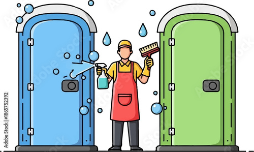 Cleaner sprays blue porta-potty between green one, soap bubbles rise