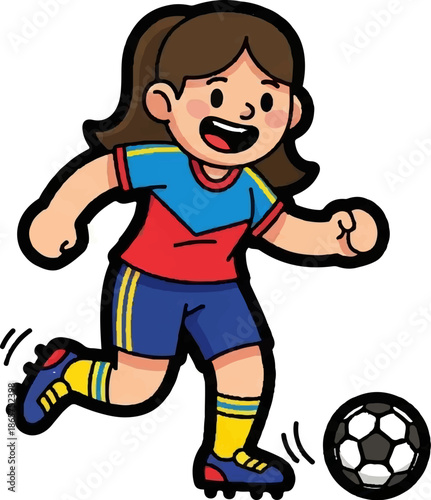 Cheerful cartoon girl in colorful sports uniform enthusiastically kicking a soccer ball