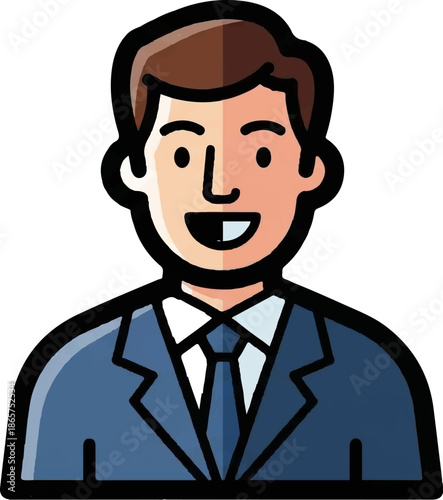 Stylized illustration of a smiling man in a blue suit and tie, head and shoulders