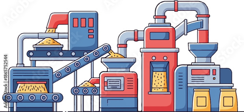 Illustration of a factory processing plant with conveyor belts and hoppers