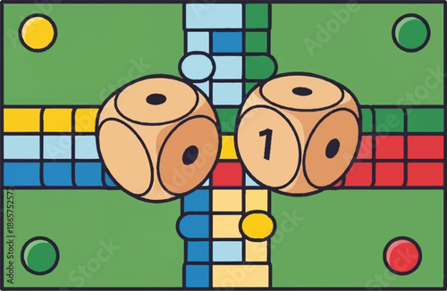 A colorful board game with two dice and colorful game pieces