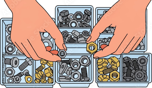 Hands sorting nuts and bolts into clear plastic compartments