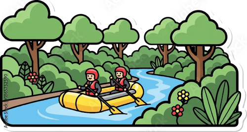 Two cartoon people paddle a yellow raft down a blue river surrounded by green trees and bushes