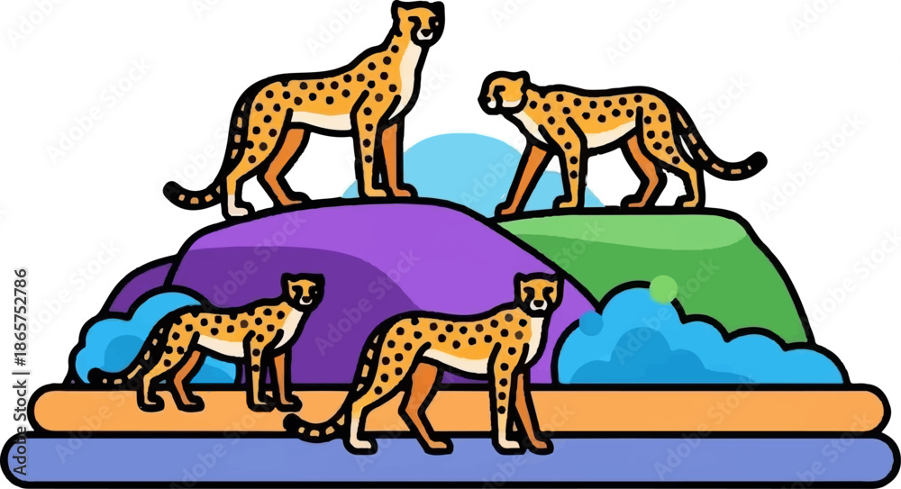 Fototapeta premium Four cheetahs stand on colorful layered hills with blue fluffy clouds