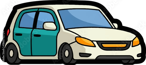 A cute cartoon depiction of a two-door car with teal doors and a cream body