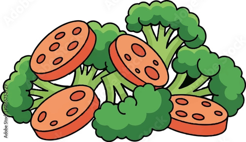 Vibrant broccoli florets mixed with bright orange, circular slices featuring dark hollow centers