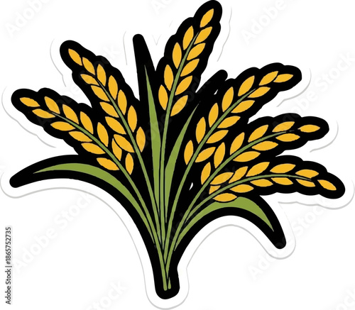 A stylized bunch of golden rice stalks with green leaves