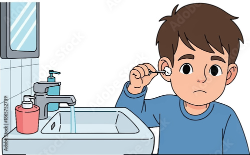 Boy cleaning ear with swab by sink
