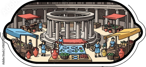Ancient marketplace with people selling produce, fish, and pottery under awnings and a central rotunda