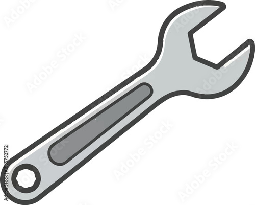 A silver wrench with a black outline, featuring an open end and a box end