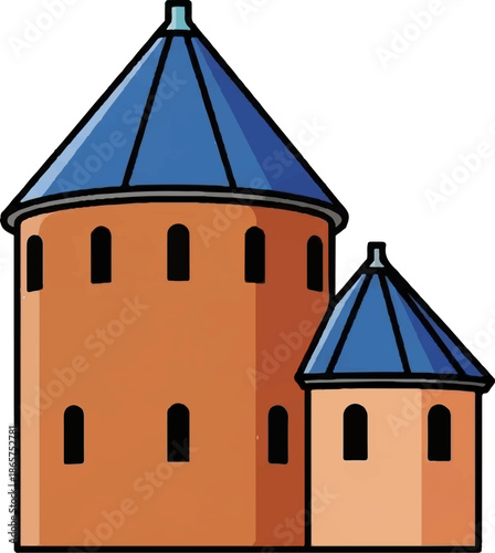 Stylized illustration of two connected cylindrical towers with conical blue roofs