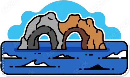 Stylized rock arches rise from blue water under wavy sky