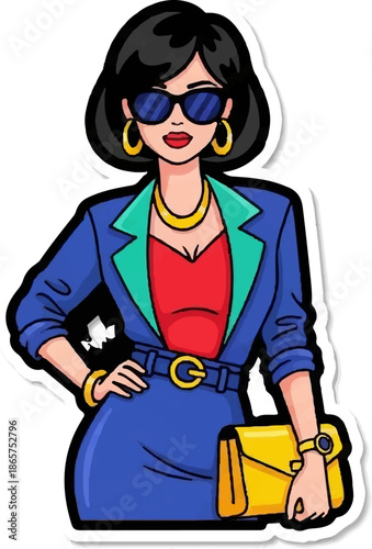 Stylish woman in blue suit and red top, holding a yellow clutch