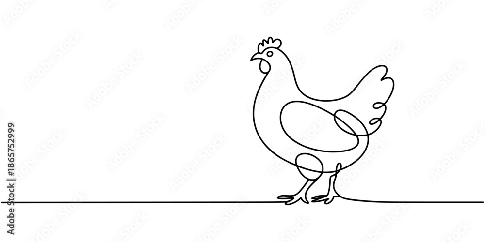 Fototapeta premium Continuous one line drawing of hen. One line drawing illustration of chicken. Farm animal, poultry concept single line. Editable outline. Elegant hen line art minimalist design farm animal.