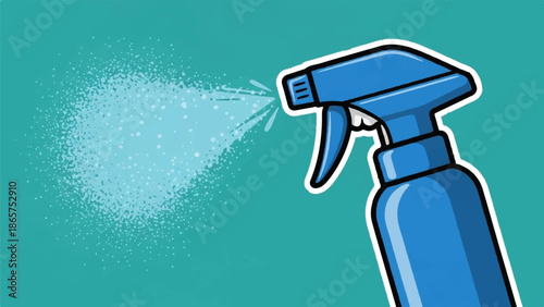 A blue spray bottle disperses a fine mist of liquid against a teal background