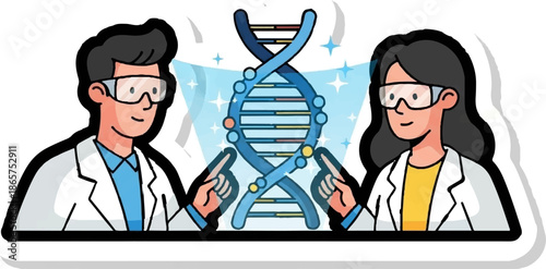 Two scientists in lab coats and goggles examine a DNA helix