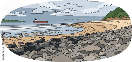 A cargo ship sails past a rocky beach with a green hill and cloudy sky