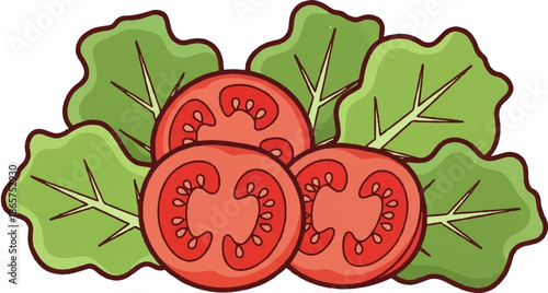 Vibrant slices of ripe tomatoes nestled amongst crisp green lettuce leaves, illustration