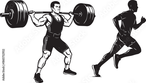 Fitness illustration of weightlifter and runner in motion