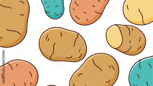 A scattered collection of colorful, cartoonish potatoes on a white background