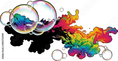 Rainbow ink cloud erupting from iridescent bubbles