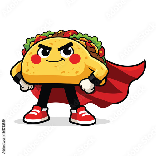Confident superhero taco mascot illustration, powerful food character wearing red cape, hero strength concept, cartoon fast food branding