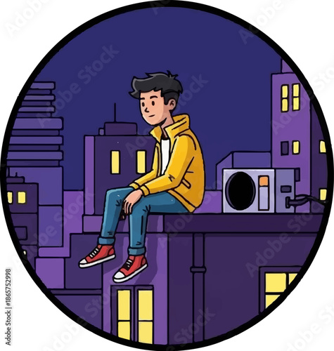 Young person in yellow jacket sitting on building rooftop at night