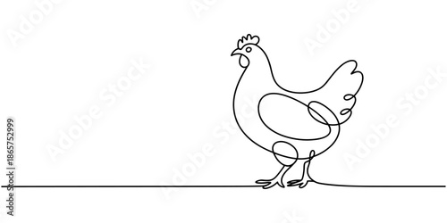 Continuous one line drawing of hen. One line drawing illustration of chicken. Farm animal, poultry concept single line. Editable outline. Elegant hen line art minimalist design farm animal.