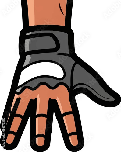 Cartoon hand wearing a protective glove, open palm, black outline, vibrant colors