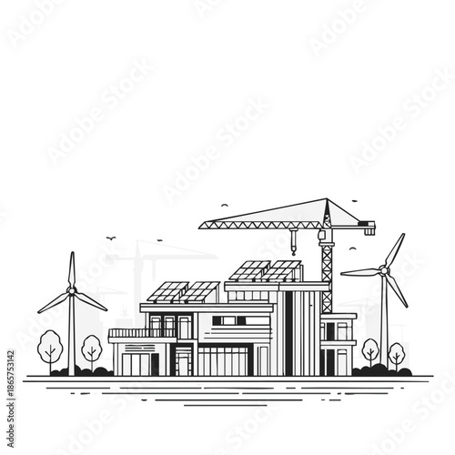 Modern eco-friendly house with wind turbines and construction crane.