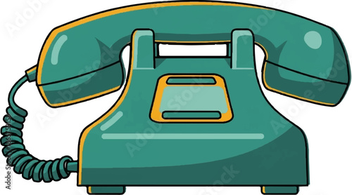 A vintage green rotary telephone with a coiled cord and an orange accent border
