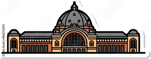 Stylized illustration of a grand building with a central dome and arched windows, a historical landmark