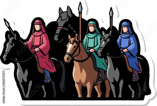 Stylized depiction of warriors on horseback in colorful robes and helmets, holding lances