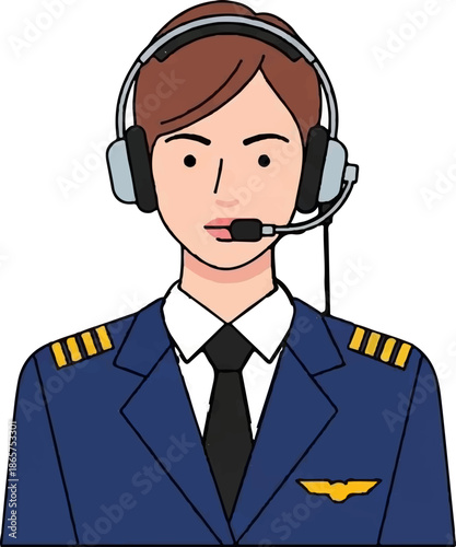 Cartoon depiction of an individual in a pilot's uniform with headset