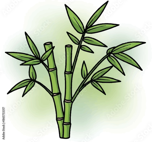 A stylized illustration of green bamboo stalks with pointed leaves against a soft, gradient background