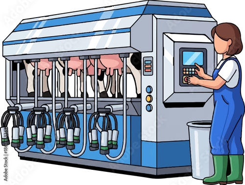 Farmer operates automated milking machine for cows