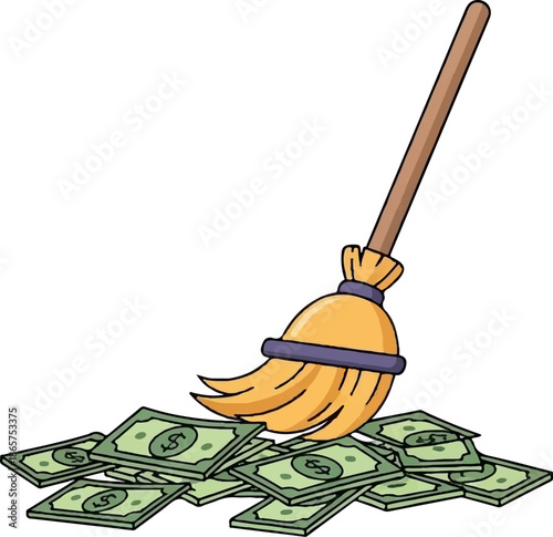 A cartoon broom sweeps a pile of dollar bills, symbolizing financial cleanup