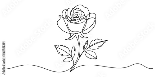 Rose one line drawing. Abstract flower continuous line. Minimalist contour drawing of rose . Continuous line drawing of flower rose . Hand drawn sketch of flower with leaves.